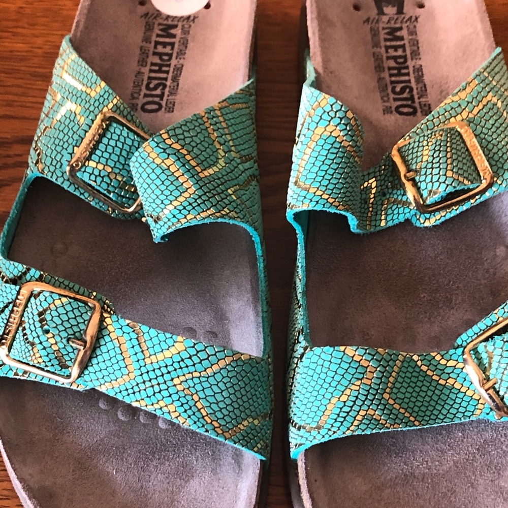 Mephisto Teal Snake-Print Buckle Sandals with Gold Accents